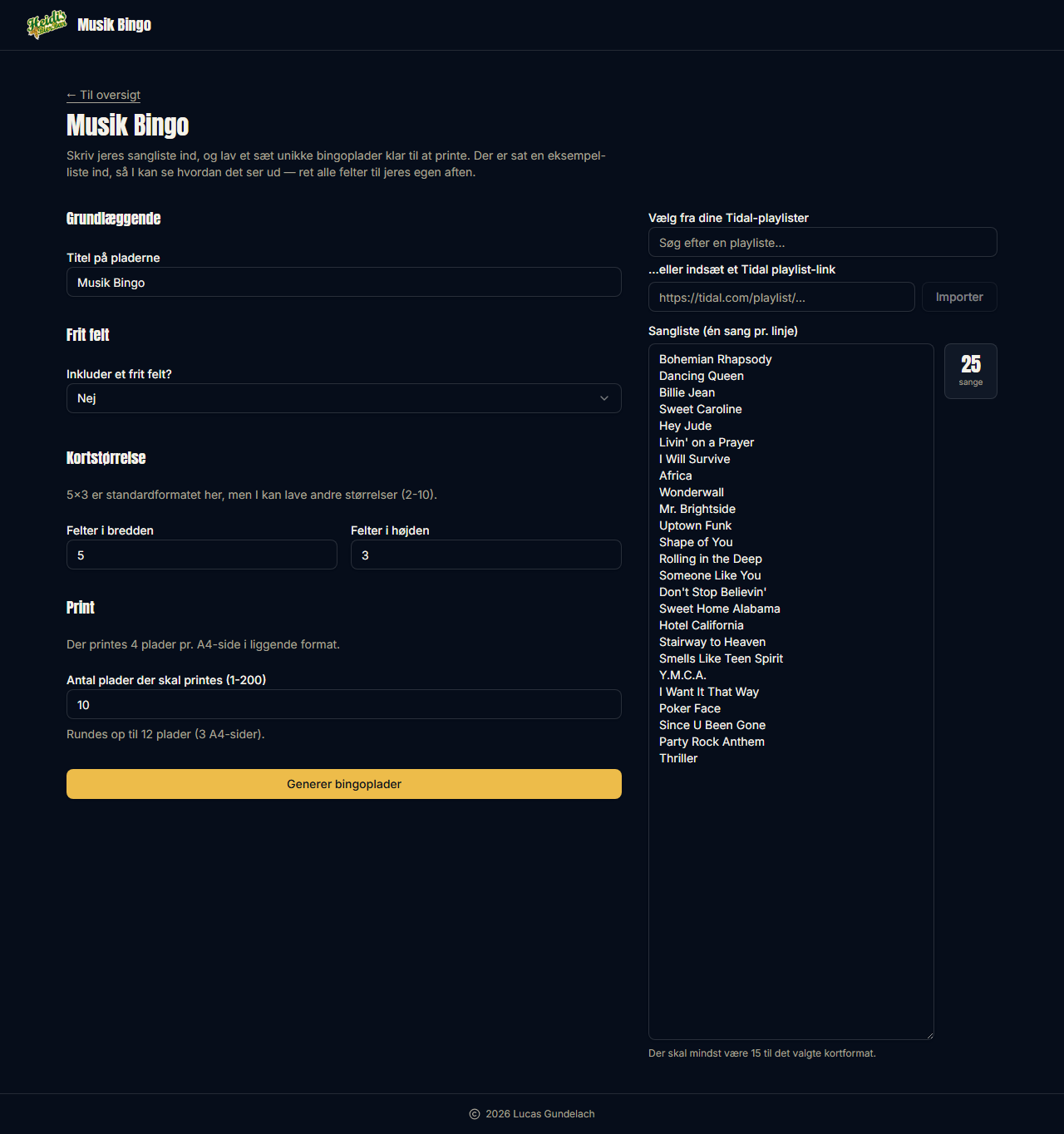 Bingo-formularen med sangliste og playlist-import