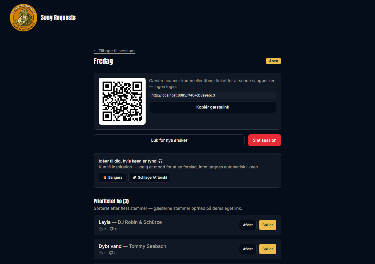 Styringssiden med QR-kode og kø